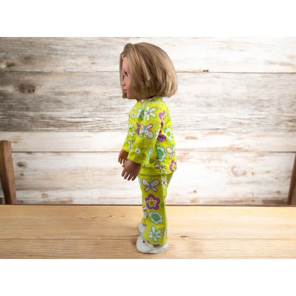 Lime Green Flower & Butterfly Doll Pajamas With Bunny Slippers Fits 18